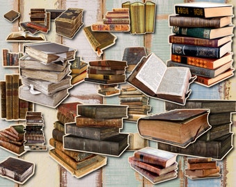 May include: A collection of vintage, leather-bound books in various sizes and colors. The books are stacked and arranged on a wooden surface. Some of the books have decorative gold accents.
