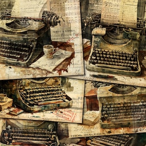 Puede incluir: Un collage de máquinas de escribir vintage con papel envejecido y salpicaduras de tinta. Las máquinas de escribir están en varios estados de deterioro, algunas con teclas faltantes o piezas rotas. El papel está amarillento y tiene notas escritas a mano y partituras musicales. La imagen evoca una sensación de nostalgia y el paso del tiempo.