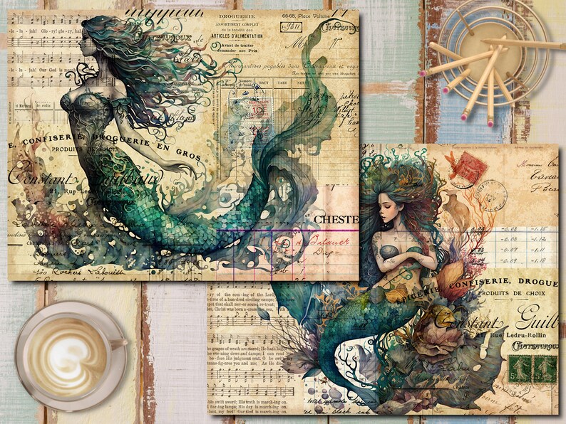 Pu&ograve; includere: Un collage digitale con tre immagini di sirene con code verdi e lunghi capelli fluenti. Le immagini sono su uno sfondo di carta vintage con testo e note musicali. Le sirene sono circondate da fiori, conchiglie e altre immagini a tema oceanico.