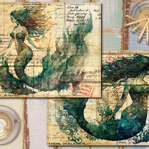Pu&ograve; includere: Tre acquerelli di sirene con capelli lunghi e fluenti e code. Le sirene sono dipinte in tonalit&agrave; di verde e blu, e sono circondate da carta dall'aspetto vintage con testo scritto a mano.