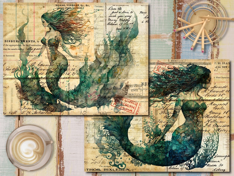 Pu&ograve; includere: Tre acquerelli di sirene con capelli lunghi e fluenti e code. Le sirene sono dipinte in tonalit&agrave; di verde e blu, e sono circondate da carta dall'aspetto vintage con testo scritto a mano.