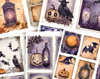 May include: A collection of watercolor illustrations with a Halloween theme. The images feature pumpkins, bats, crows, candles, and witch hats in shades of orange, purple, and black. The illustrations have a vintage, antique style with decorative borders.