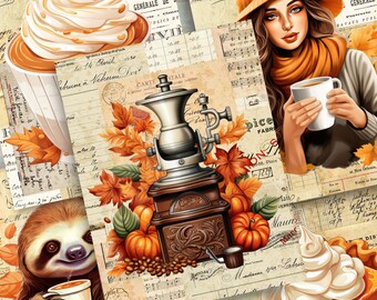 May include: A collage featuring autumn-themed illustrations. It includes a coffee grinder, pumpkins, fall leaves, a woman holding a mug, a sloth with a mug, and a slice of pie. The background is composed of vintage paper with French text and musical notes.