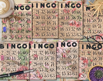 Junk Journal Digi Kit, Bingo Cards vintage ephemera, kit, digital printable vintage bingo cards paper sheets for junk journals