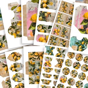 Kit de journal indésirable citron, 48 feuilles, supplément, kit éphémère citron, collage numérique, cartes, enveloppe, cercles, étiquettes, pochettes, étiquettes de carnet