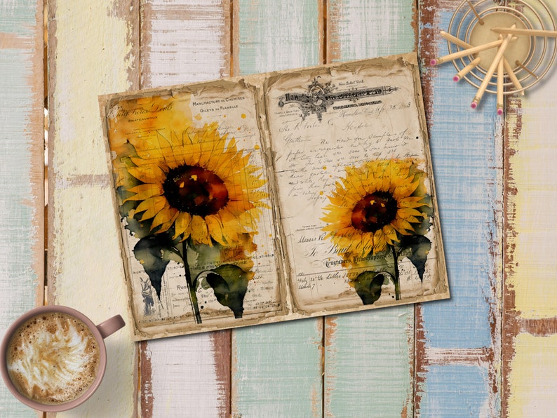 May include: Two watercolor paintings of sunflowers on a vintage background with handwritten text. The sunflowers are yellow with brown centers and green leaves. The background is a light brown with faded writing.