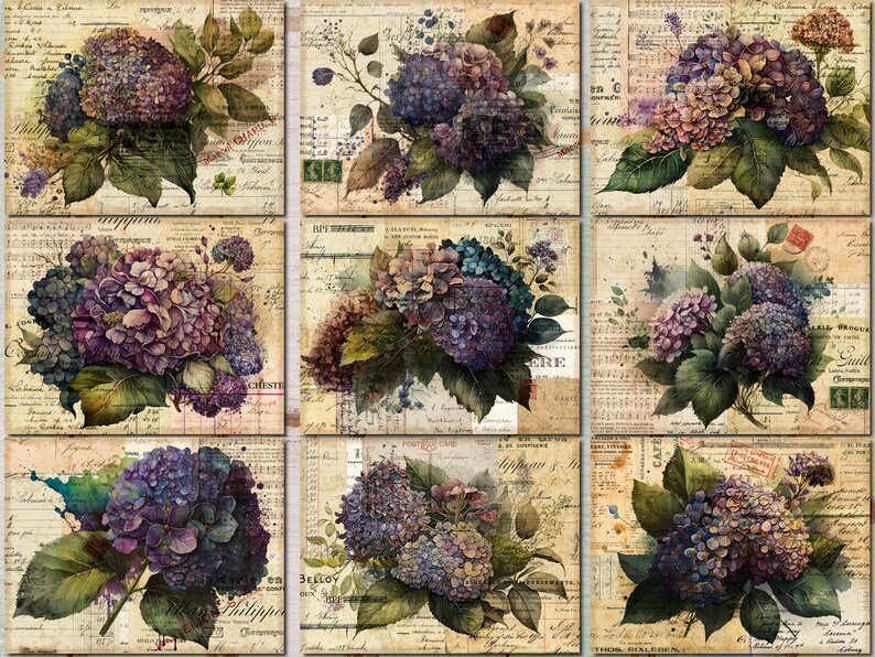 Vintage Hydrangea Junk Journal Pages: Printable Collage Kit (digital ...