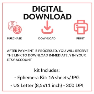 May include: A digital download graphic with the words "DIGITAL DOWNLOAD" at the top. The image includes icons for purchase, download, and print. Text below explains the download process and lists the kit contents, including 16 sheets/JPG and US Letter size (8.5x11 inch) at 300 DPI.