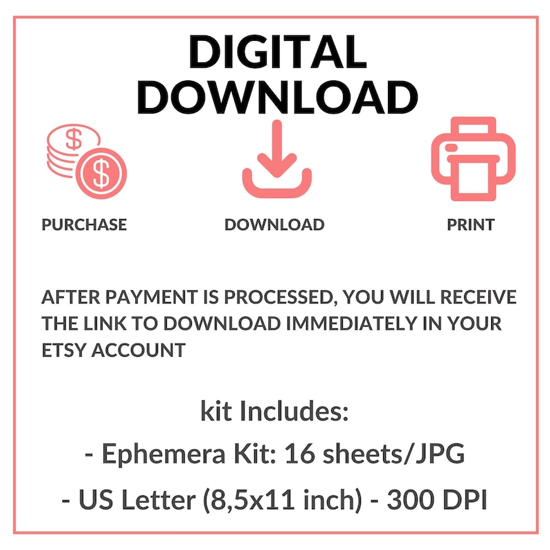 May include: A digital download graphic with the words "DIGITAL DOWNLOAD" at the top. The image includes icons for purchase, download, and print. Text below explains the download process and lists the kit contents, including 16 sheets/JPG and US Letter size (8.5x11 inch) at 300 DPI.