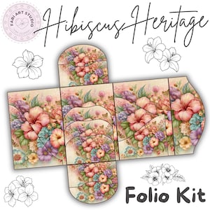 Puede incluir: Un kit de folio imprimible con un patrón floral de flores de hibisco rosas, moradas y turquesas con hojas verdes. El diseño incluye un esquema central con múltiples bolsillos y solapas, acompañado de ilustraciones de hibisco en blanco y negro y el texto "Hibiscus Heritage" y "Fabi Art Studio".