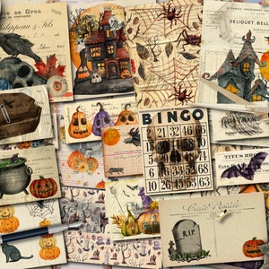 May include: A collage of vintage Halloween-themed ephemera. Includes illustrations of pumpkins, haunted houses, spiders, bats, a coffin, a cauldron, and a bingo card. The color palette features orange, black, and cream tones.
