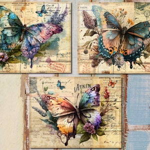 K&ouml;nnte beinhalten: Drei Vintage-Drucke mit bunten Schmetterlingen mit floralen Akzenten auf einem Hintergrund aus altem Papier mit handschriftlichem Text und Briefmarken.