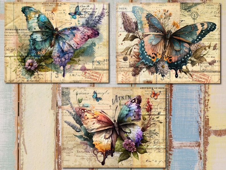 K&ouml;nnte beinhalten: Drei Vintage-Drucke mit bunten Schmetterlingen mit floralen Akzenten auf einem Hintergrund aus altem Papier mit handschriftlichem Text und Briefmarken.