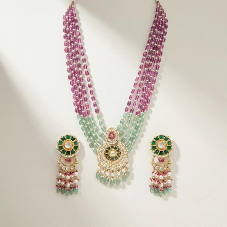 Polki Necklace Set: Gold Plated Sterling Silver, Pink Green Beads, Pearls image 5