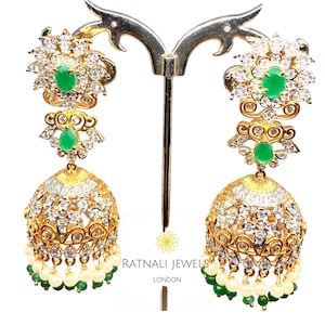 Gold Plated Indian Jhumka Dangling Earrings, Party wear ethnic jhumka earrings with CZ diamonds and green gemstone