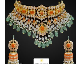 Moonga Set | Coral and Polki gemstone Necklace and Jhumka Earrings Set in gold-plated silver