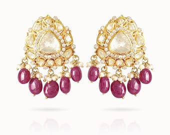 Moissanite Polki Kundan Jadau Earrings with Ruby Bead Drops in Gold Plated 925 Silver