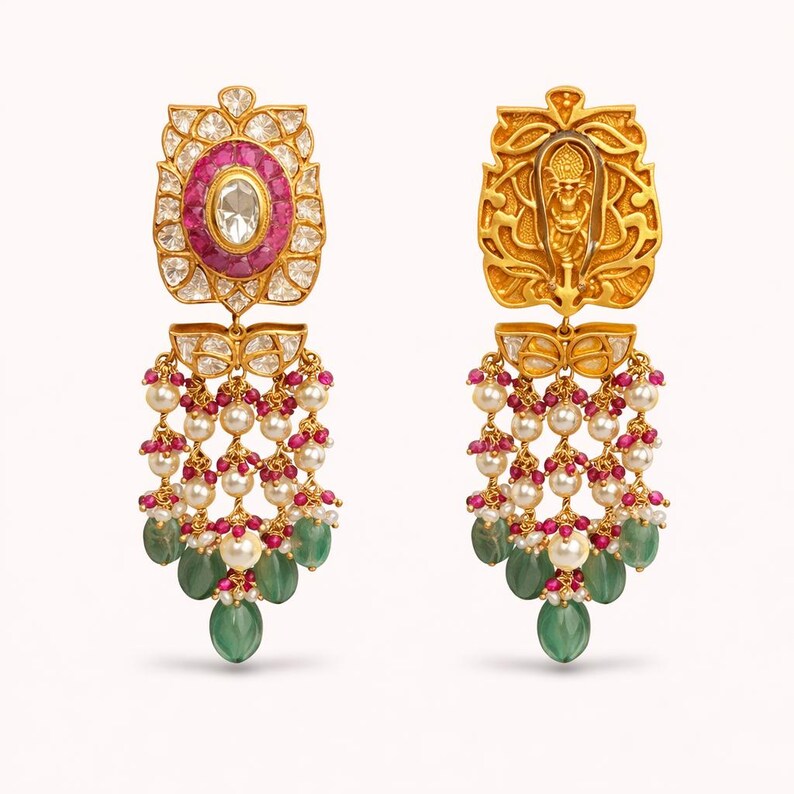 Polki Jadau Chandelier Earrings in Gold Plated Silver with Ruby, Pearl and Emerald Drops image 2