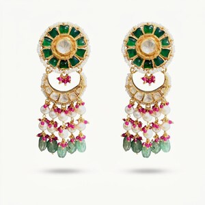 Polki Necklace Set: Gold Plated Sterling Silver, Pink Green Beads, Pearls image 4