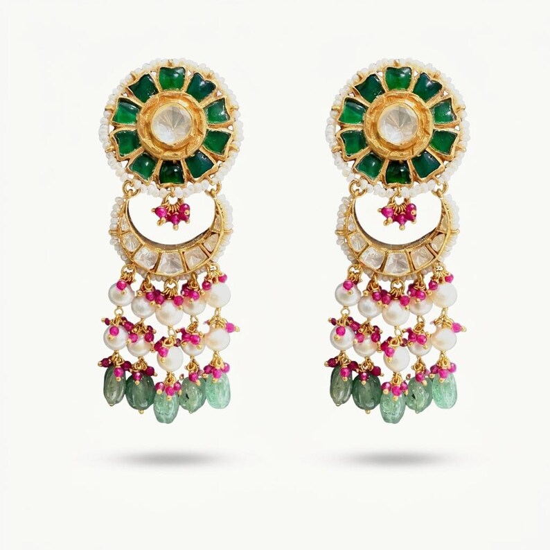 Polki Necklace Set: Gold Plated Sterling Silver, Pink Green Beads, Pearls image 4