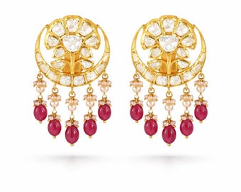 Gold Plated Sterling Silver Polki Drop Earrings with Pearls and Ruby Beads