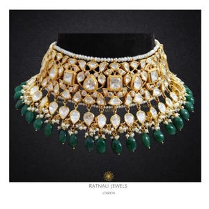 Polki Choker Bridal Necklace | Real Silver Moissanite Jadau | Emerald Drop Necklace | Indian Bridal Jewellery UK