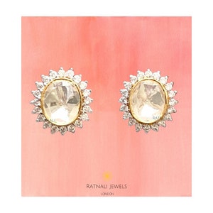 Pendientes de tuerca con diamantes simulados sin cortar de moissanita polki de plata auténtica de Jaipur Ratna