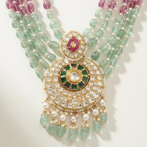 Polki Necklace Set: Gold Plated Sterling Silver, Pink Green Beads, Pearls image 3