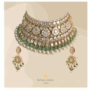 Rohini Jaipur | Real Silver Moissanite Polki Jadau Necklace  and earrings set with Semi Precious Beads & Pearls | Sabyasachi Bridal Necklace
