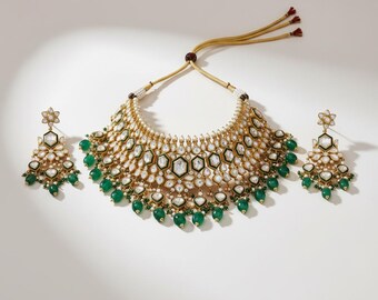 Moissanite Polki Kundan Jadau Choker Necklace Set, Green Meenakari, Gold Plated Silver