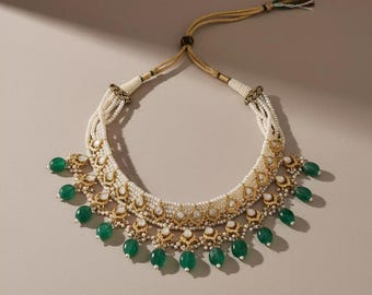 Polki Pearl Necklace | Emerald Drop Real Silver Moissanite Jadau | Indian Bridal Jewellery