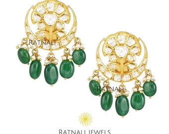 Moissanite Polki Jadau Drop Earrings with Emerald Beads and Seed Pearls in 925 Silver