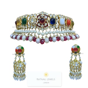 Navratan Set | Polki multi-colour gemstone Necklace and Jhumka Earrings Set in gold-plated silver