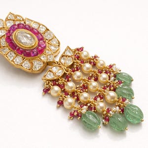 Polki Jadau Chandelier Earrings in Gold Plated Silver with Ruby, Pearl and Emerald Drops image 3