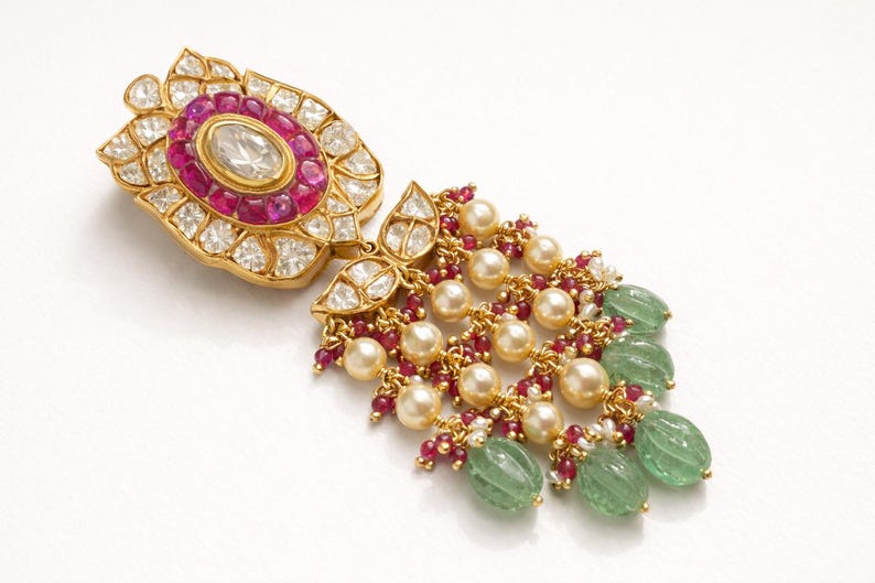Polki Jadau Chandelier Earrings in Gold Plated Silver with Ruby, Pearl and Emerald Drops image 3