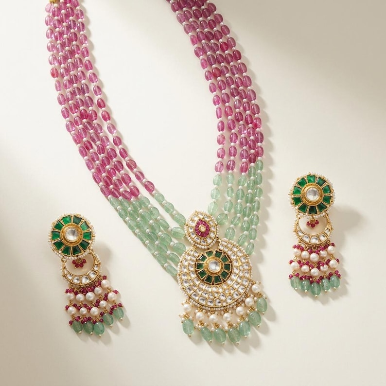 Polki Necklace Set: Gold Plated Sterling Silver, Pink Green Beads, Pearls image 2