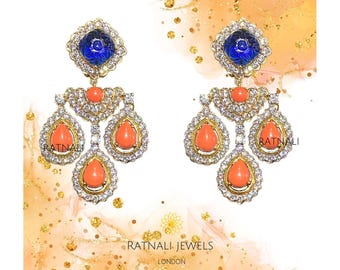 Coral Dangler Earrings: Blue Gemstone & CZ Diamond, Real Silver