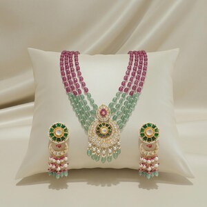 Polki Necklace Set: Gold Plated Sterling Silver, Pink Green Beads, Pearls image 1