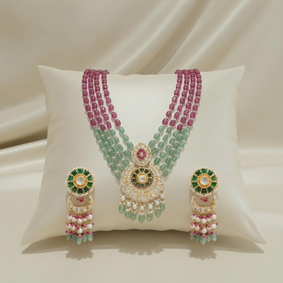 Polki Necklace Set: Gold Plated Sterling Silver, Pink Green Beads, Pearls