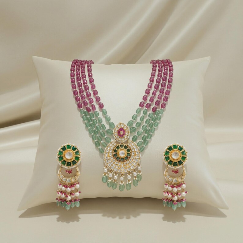 Polki Necklace Set: Gold Plated Sterling Silver, Pink Green Beads, Pearls image 1