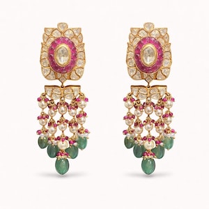 Polki Jadau Chandelier Earrings in Gold Plated Silver with Ruby, Pearl and Emerald Drops image 1