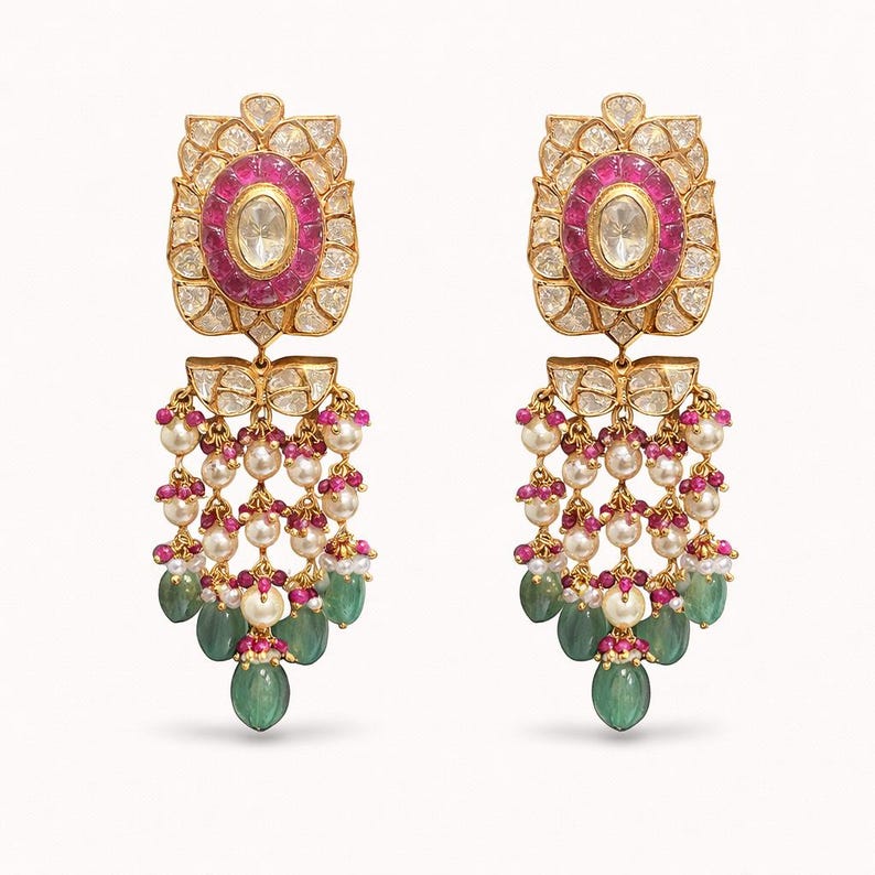 Polki Jadau Chandelier Earrings in Gold Plated Silver with Ruby, Pearl and Emerald Drops image 1