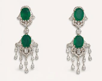 Orecchini a lampadario in onice verde e diamanti CZ in argento sterling placcato oro