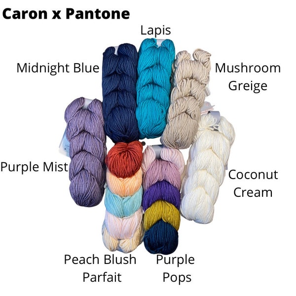 Caron x Pantone Yarn: Purple Mist, Midnight Blue, Lapis, Mushroom Greige, Coconut Cream, Purple Pops, Peach Blush Parfait