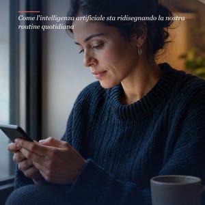 Pode incluir: Uma capa de livro intitulada L'Algoritmo Invisibile com o subtítulo Come l'intelligenza artificiale sta ridisegnando la nostra routine quotidiana e o autor Angelo Marsadri. Mostra uma pessoa com um suéter azul escuro usando um smartphone.
