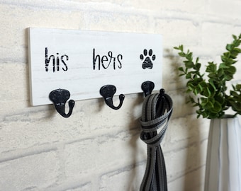 Decorative Key Holder and Dog Leash Hook Wall Mount for Entry Way, Kitchen, and Mudroom Triple Hook: His, Hers, Paw