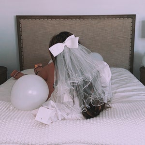 Bachelorette Party Curvy Pearl Veil With White Bow Accessories for Weddings Bridal Showers Parties and Events image 2