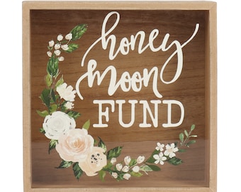 Honey Moon Fund and Card Rustic Wood Box with Mixed Floral Garland Design for Weddings, Birthdays, Graduations, Baby and Bridal Showers