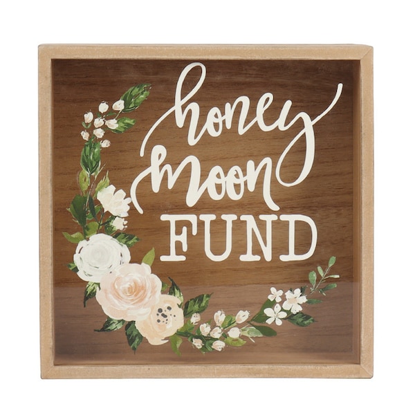 Honey Moon Fund and Card Rustic Wood Box with Mixed Floral Garland Design for Weddings, Birthdays, Graduations, Baby and Bridal Showers