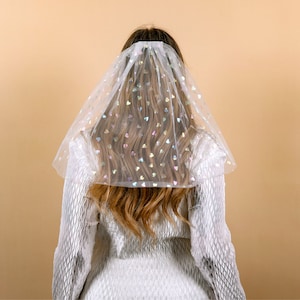 Hanna Roberts White Translucent Veil with Printed Iridescent Hearts